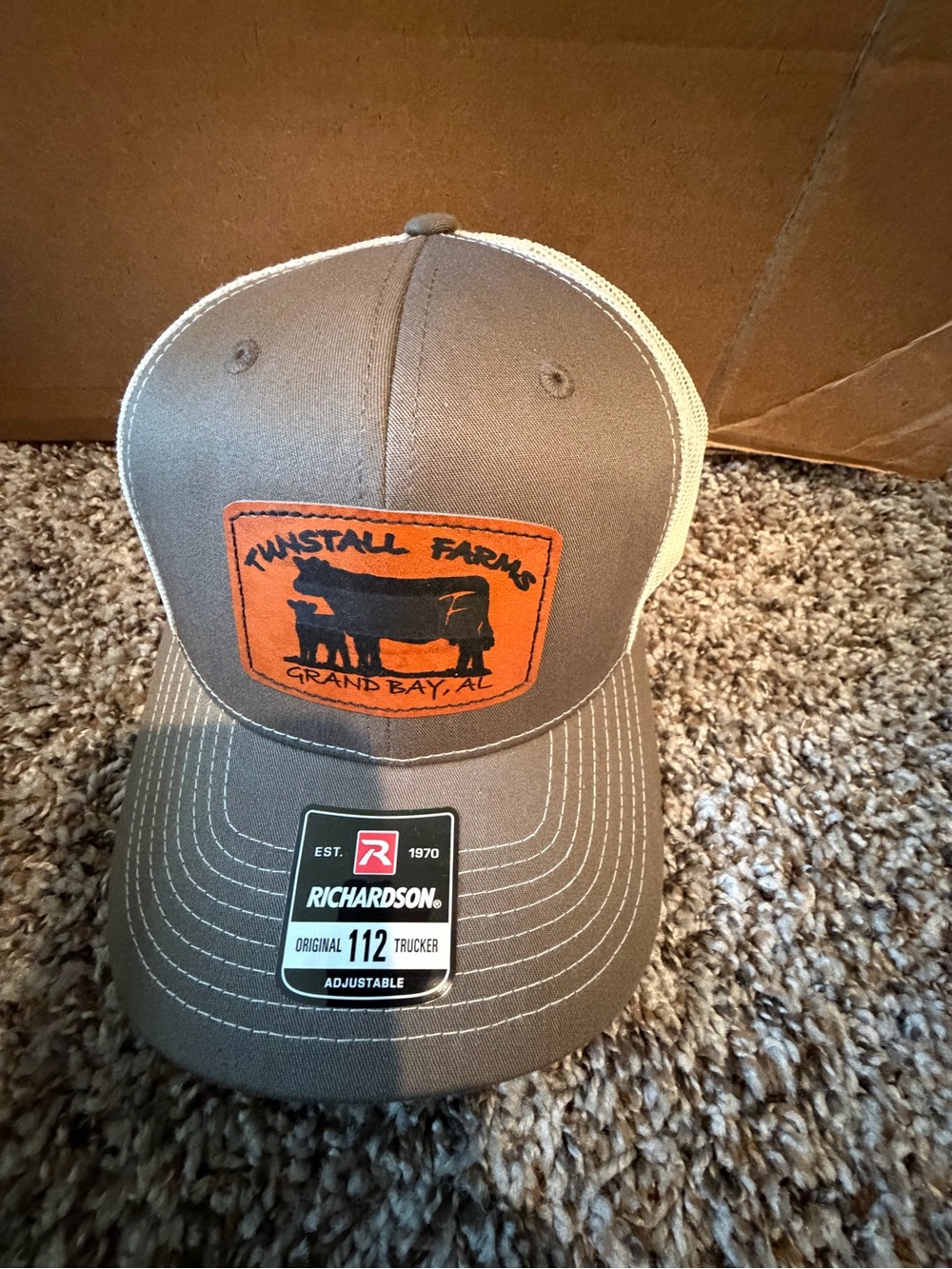 Tunstall Farms Grand Bay AL Richardson 112 Trucker Hat Leather Patch Gray Khaki